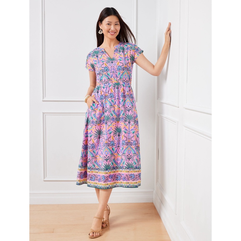 Talbots Pink Paisley birds Palm Tree Cotton Midi Dress Split V-Neck Pocket L